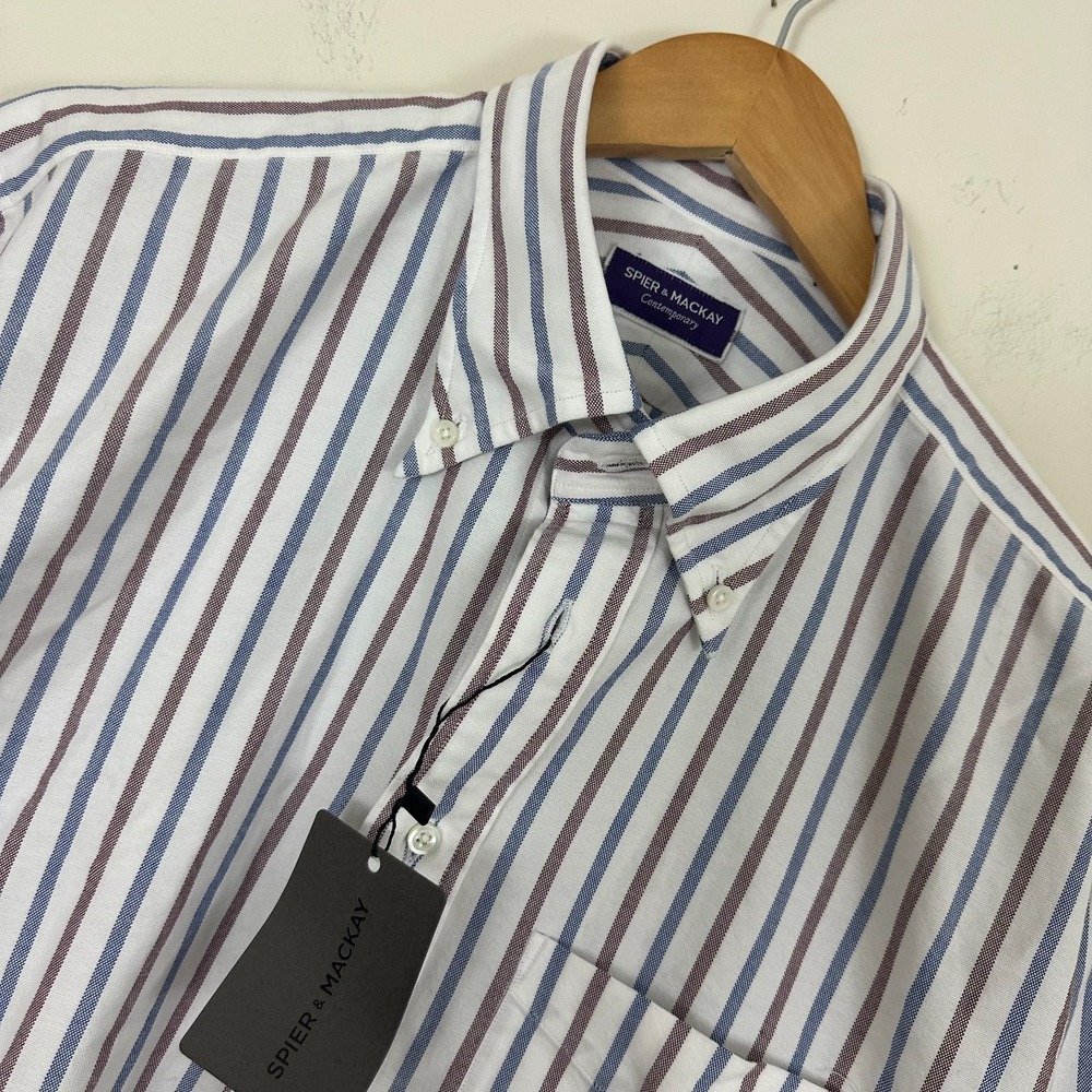 Spier & Mackay 2-Ply Dress Shirt Multi Striped Oxford Button Down Mens 17.5-34
